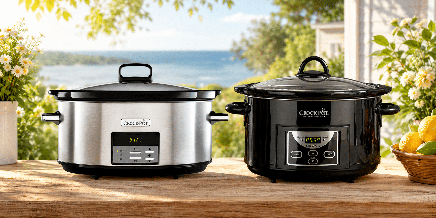 Två Crock-Pot långkokare i en solig miljö med blommor och frukt.
